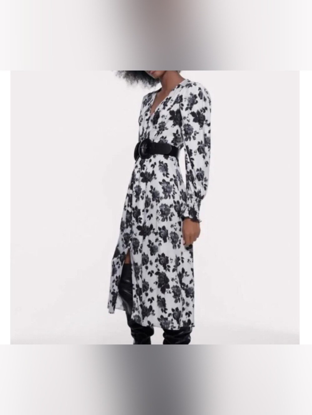 EUC Zara Black Floral Button-Front Midi Dress- Sz L